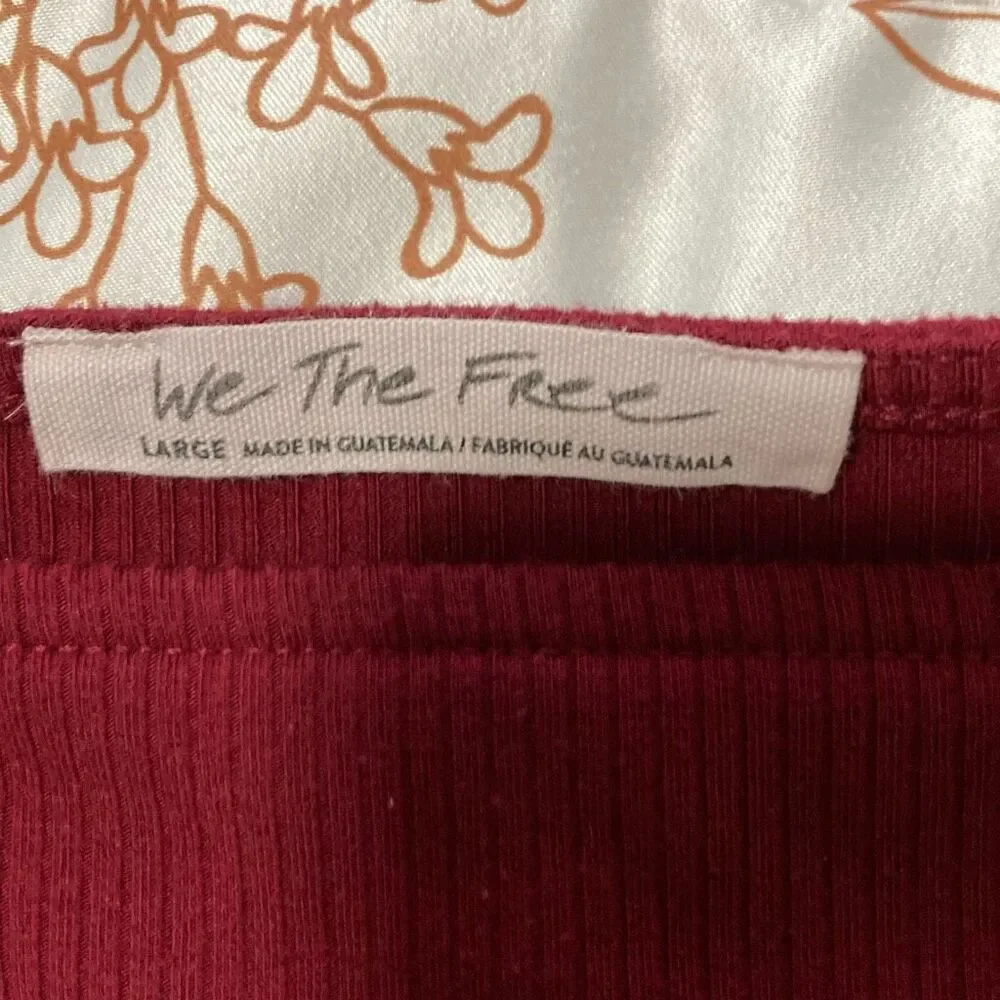 Free People We The Free Burgundy Ribbed Square Neck‎ Puff Sleeve Top Size Large